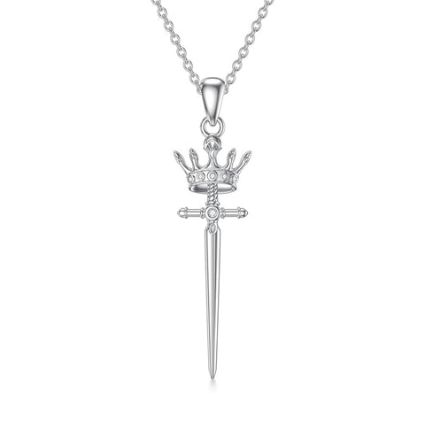 Sterling Silver Crown Sword Pendant Necklace