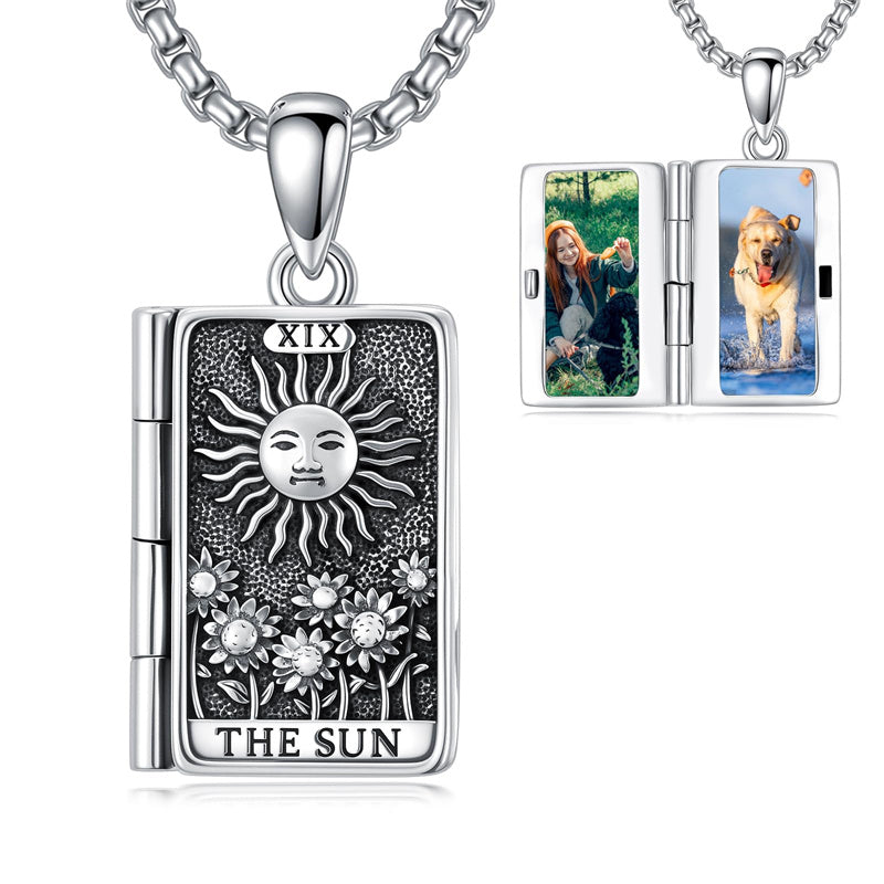 Sterling Silver Sun Moon Lovers Tarot Card Photo Locket Necklace
