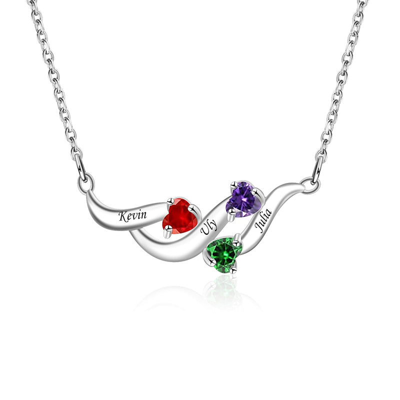 Sterling Silver Personalized Birthstone Name Wave Pendant Family Necklace