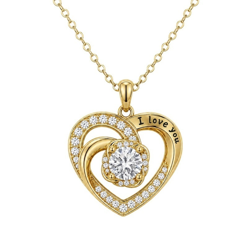 14K Gold Plated  Birthstone Heart Pendant  Necklace for Women Engraved with  I Love You