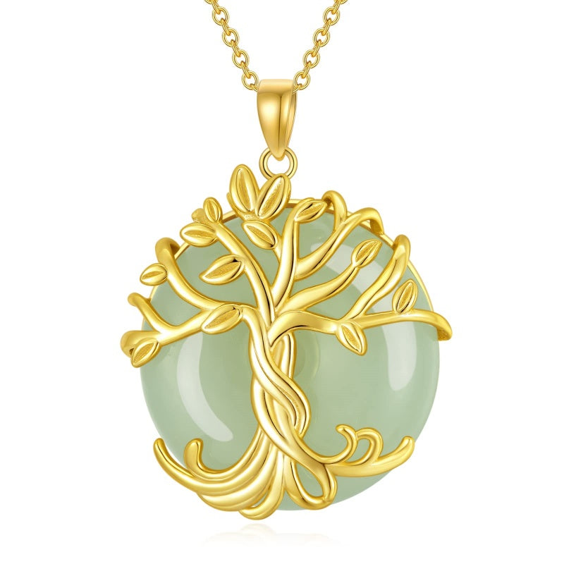 14k Gold Plated Sterling Silver Round Jade Tree of Life Necklace Good Fortune Jewelry for Women
