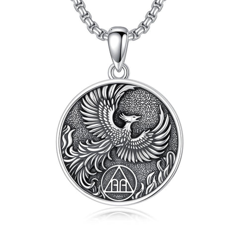 Sterling Silver Phoenix Rising Pendant Necklace NA/AA Sobriety Jewelry
