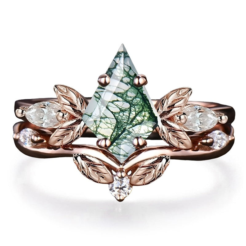 Sterling Silver 2CT Moss Agate  Engagement Wedding Ring Sets for Women