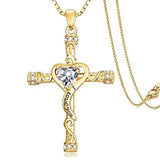 14K Gold Plated Heart Cut Cubic Zirconia Cross  Pendant Necklace For Women Religious Faith Jewelry