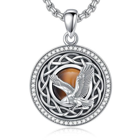 Sterling Silver Tiger Eye Eagle Lion Pendant Necklace for Men