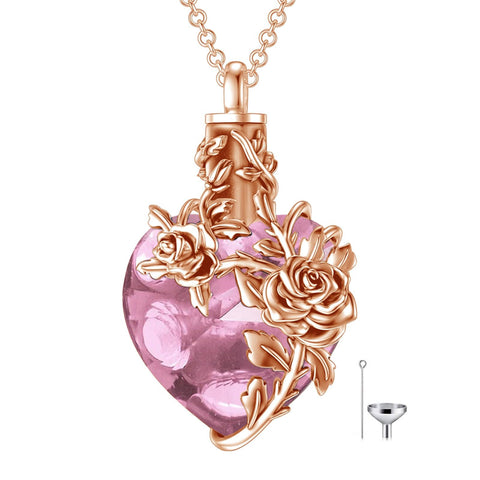Sterling Silver Heart Crystal Rose Urn Necklaces for Ashes for Women