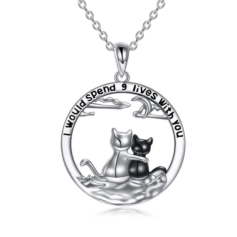 Sterling Silver Cat Pendant Necklace Engraved WithI Would Spend 9 Lives with You
