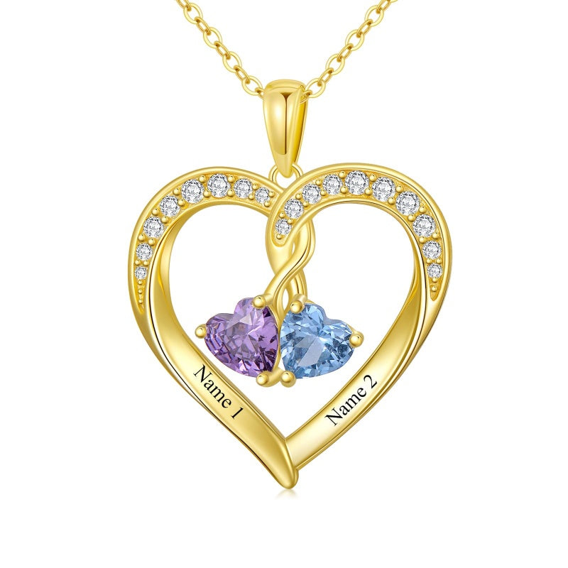 10K 14K 18K Solid Gold Personalized Engraved 1-4 Birthstone Heart Necklaces for Women