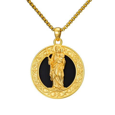 14K Gold Plated Black Onyx Patron Saint Medal Religious Amulet Pendant Necklace for Men