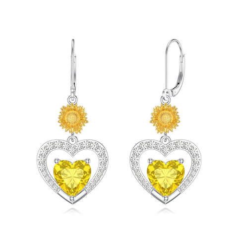 Sterling Silver Heart Cubic Zirconia Sunflower Rose Daisy Lily Lotus Hibiscus Dangle Earrings