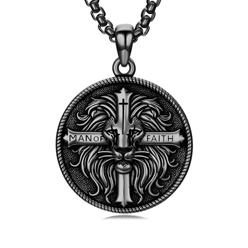 Sterling Silver Faith Bible Lion Pendant Necklace for Men