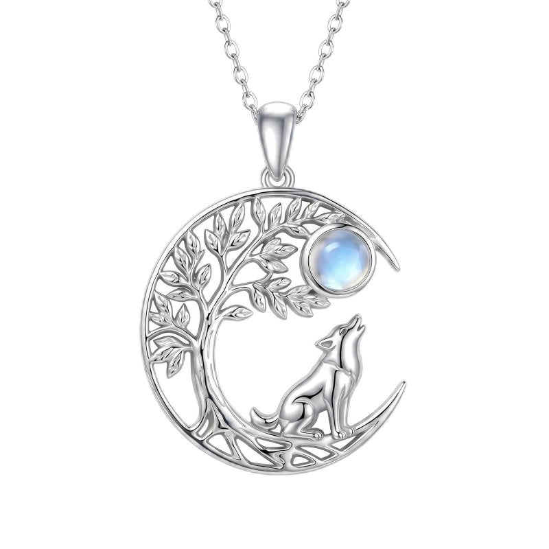 Sterling Silver Moonstone Tree of Life Wolf Cat Fox Rabbit Monkey Pendant Necklace Gift for  Birthday Christmas