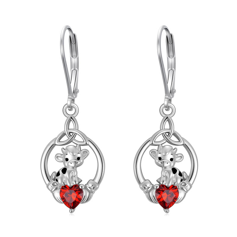 Sterling Silver Heart-Shaped Cubic Zircon Otter Cow Raccoon Leverback Earrings