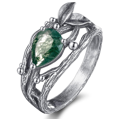 Sterling Silver Moss Agate Moonstone Branch Engagement Wedding Promise Ring  for Her