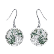 Sterling Silver Round Moss Agate Filigree Dangle Earrings