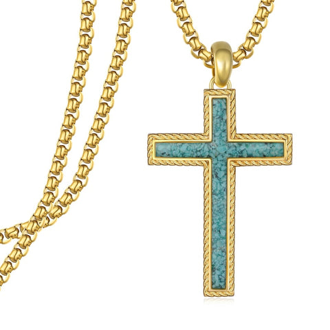 14K Gold Plated Turquoise Malachite Abalone Shell Cross Pendant Necklace for Men