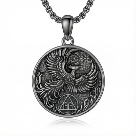 Sterling Silver Phoenix Rising Pendant Necklace NA/AA Sobriety Jewelry