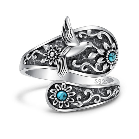 Sterling Silver Turquoise Hummingbird Butterfly Sunflower Adjustable Spoon Ring