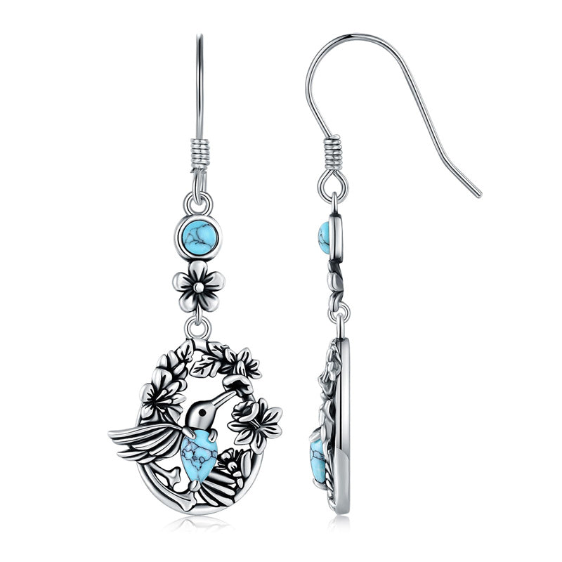 Sterling Silver Vintage Moonstone Turquoise Lotus Tree of Life Hummingbird Butterfly Drop Earrings
