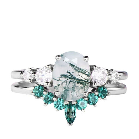 Sterling Silver 10K 14K 18K Gold Personalize Engraved Moss Agate Engagement Rings for Women