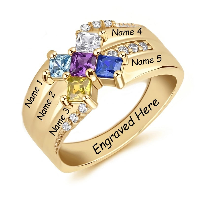 10K 14K 18K Gold Square Shaped Personalized 1-5 Birthstone  Family Mother's Ring Anniversary Ring for Women