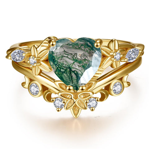 Sterling Silver 10K 14K 18K Gold Heart Moss Agate Opal Cubic Zirconia Promise Rings For Women