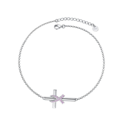 Sterling Silver Butterfly Cross Breast Cancer Awareness Bracelet