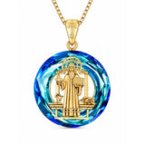 14K Gold Plated Blue Crystal Saint Protection Pendant Necklace Amulet Baptism Gift