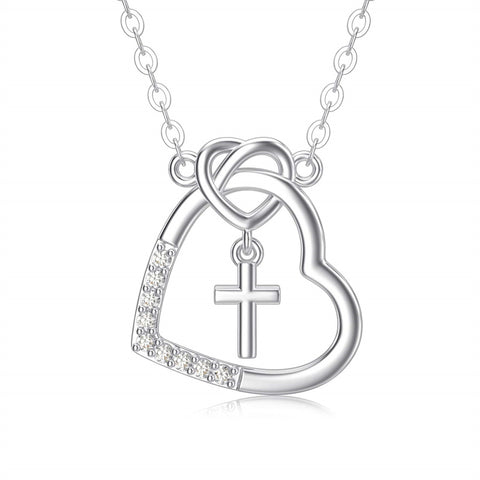 14K l Gold Heart Cubic Zirconia Cross Heart Pendant Necklace