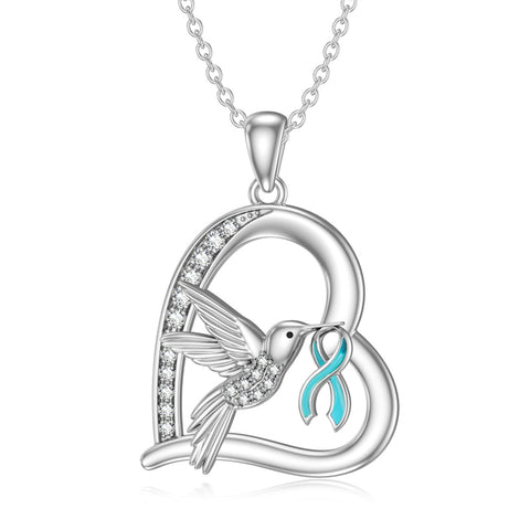 Sterling Silver Cubic Zircon Hummingbird Cancer Awareness Pendant Necklace Gifts for Women