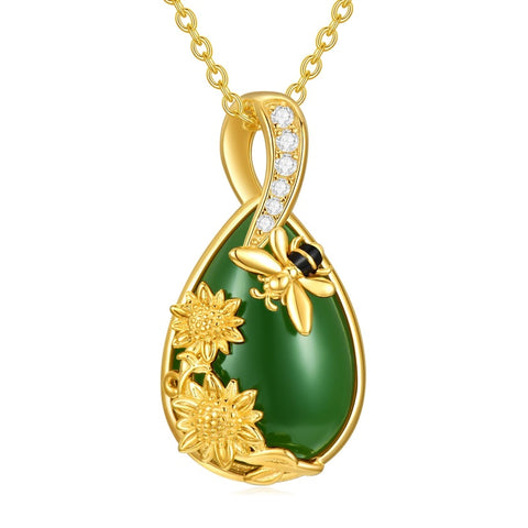 14K Gold Plated Natural Jade Hummingbird Cat Dragonfly Butterfly Bee Pendant Necklace for Women