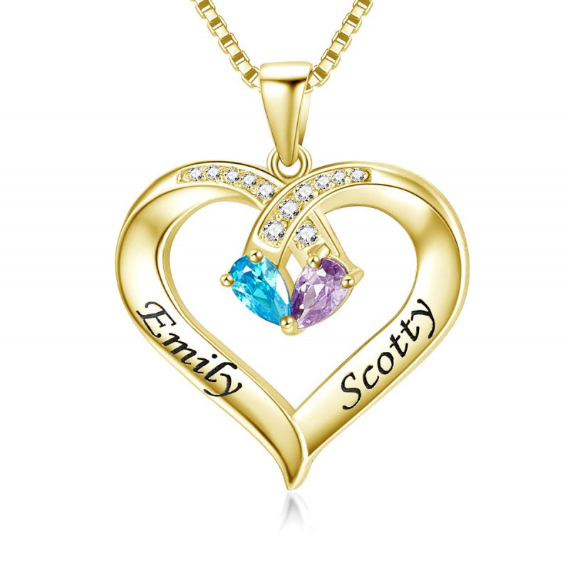 14K Gold 2  Simulated Birthstone Personalized Engraved Pendant Necklace for Women