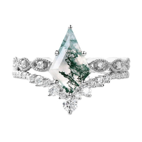 Sterling Silver 10K 14K 18K Gold Personalize Engraved Moss Agate Engagement Rings for Women