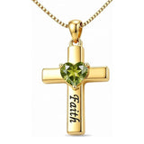 14K Gold Plated Heart Birthstone Cross Necklace for Women Engraved with Faith