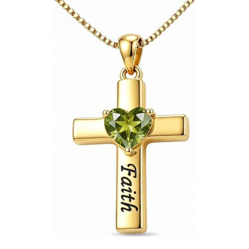 14K Gold Plated Heart Birthstone Cross Necklace for Women Engraved with Faith