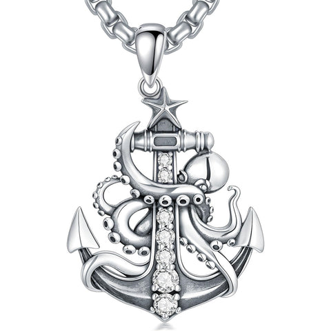 Sterling Silver Earth Swordfish Trident Compass Anchor Pendant Necklace