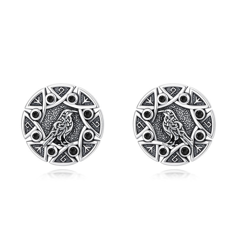 Sterling Silver Viking Raven Crow Skull Stud Earrings