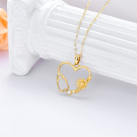 14K Gold Stethoscope Necklace Heart-Shaped Stethoscope Pendant Necklace for Doctor Nurse Medical Student Gifts