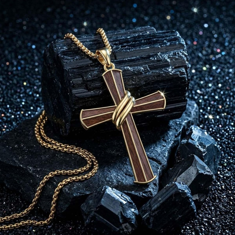 14K Gold Plated Wooden Cross Pendant Necklace Christian Catholic Jewelry Religious Gift