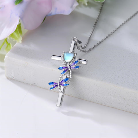 Sterling Silver Cross Moonstone Dragonfly Butterfly Bee Hummingbird Ladybug Pendant  Necklace for Women