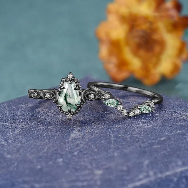 Sterling Silver 2CT Moss Agate  Engagement Wedding Ring Sets for Women