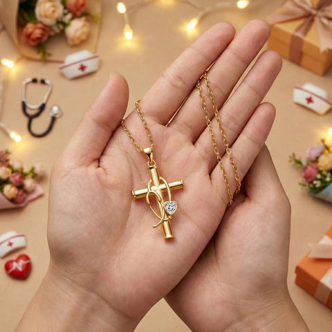 Stethoscope Cross 14K Gold Plated Pendant Necklace for Women Nurse Doctor Birthday Graduation Gift for Medical Student