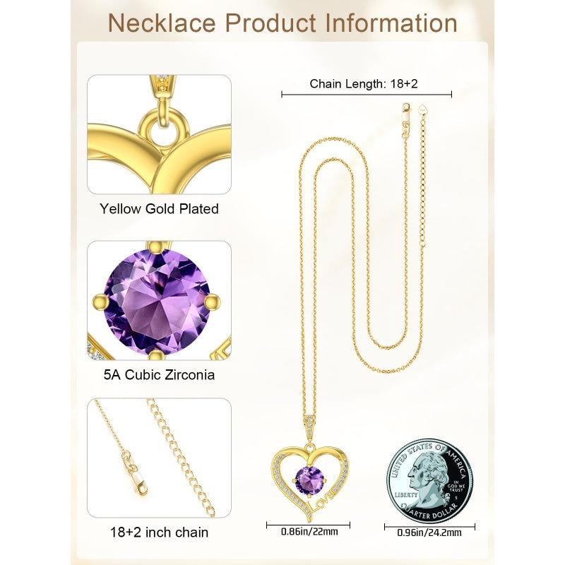 14K Gold Plated  12 Months Heart Birthstone Pendant Necklace Birthday Wedding Anniversary Jewelry Gifts for Women