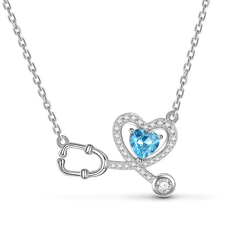 10K 14K 18K Gold Birthstone Stethoscope Pendant Necklace