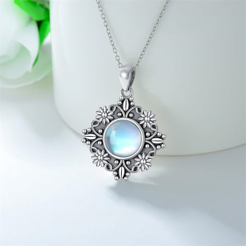 Sterling Silver Turquoise Moonstone Moss Agate Lapis Lazuli Daisy Pendant Necklace