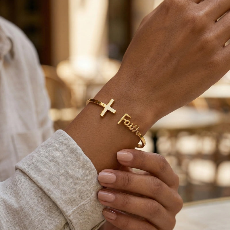 14K Gold  Plated Sideways Cross Bangle Cuff Bracelet Christian Jewelry for Women Inspiration Gift