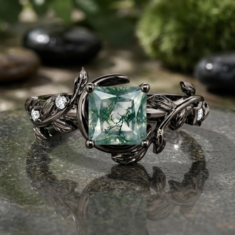 Sterling Silver 10K 14K 18K Gold 1-4CT Moss Agate Engagement Ring Promise Ring