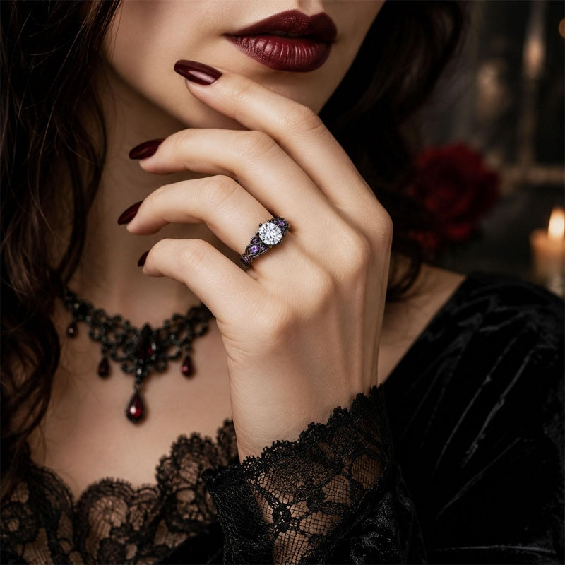 Sterling Silver 10K 14K 18K Gold Custom Engraved  Moissanite Gothic Ring for Women Halloween Gift