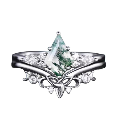 Sterling Silver 10K 14K 18K Gold Personalize Engraved Moss Agate Engagement Rings for Women