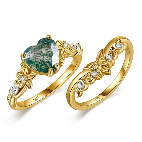 Sterling Silver 10K 14K 18K Gold Heart Moss Agate Opal Cubic Zirconia Promise Rings For Women